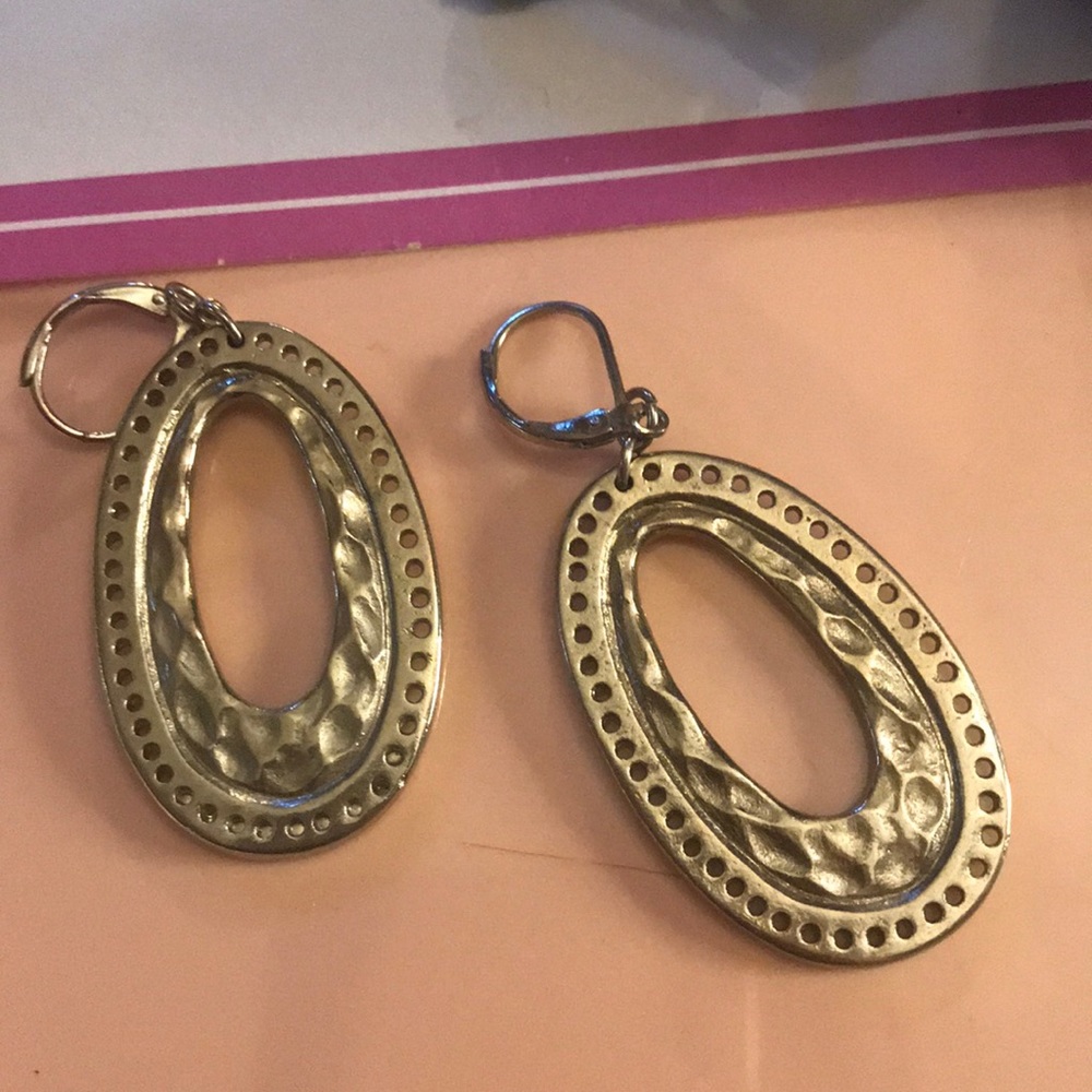 SILVER EARRINGS, beautiful pewter type distressed etchings/ silver / long style